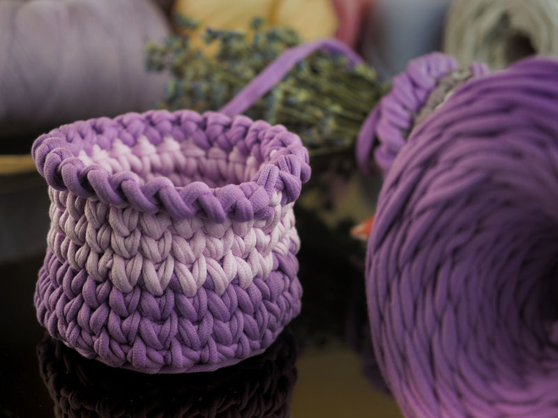 Mauve and purple T-Shirt Yarn crocheted into bag
