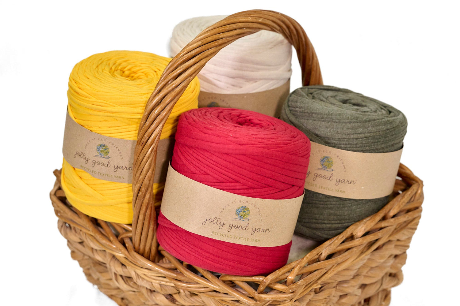 Basket of four types of T-shirt yarn red yellow cream and olive