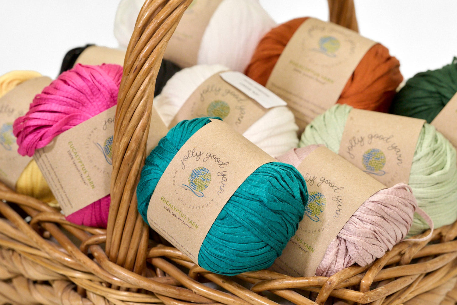 Jolly good Yarn Eucalyptus yarn multiple colours in a basket 