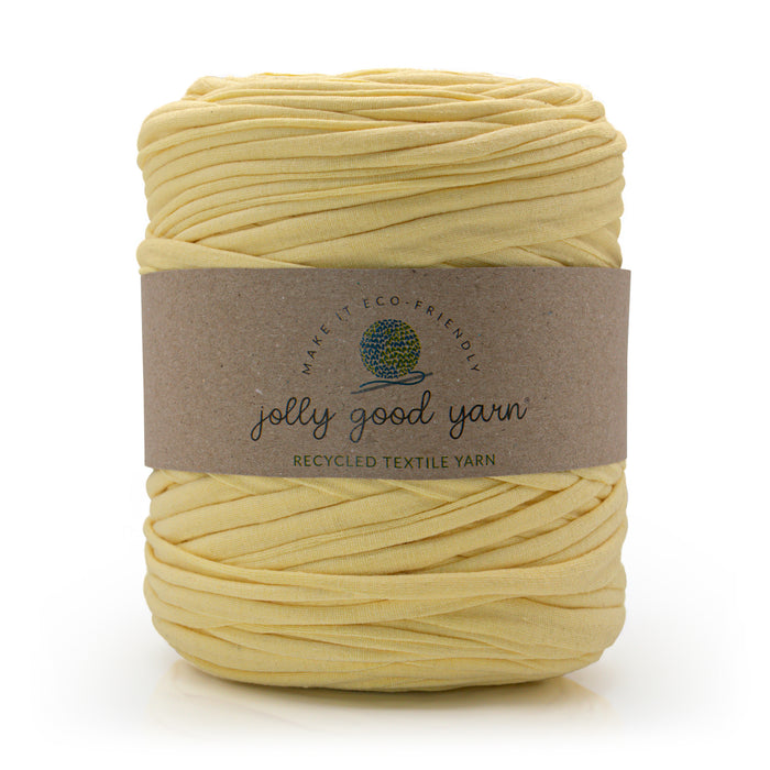 Ball of yellow yarn with a label on a white background