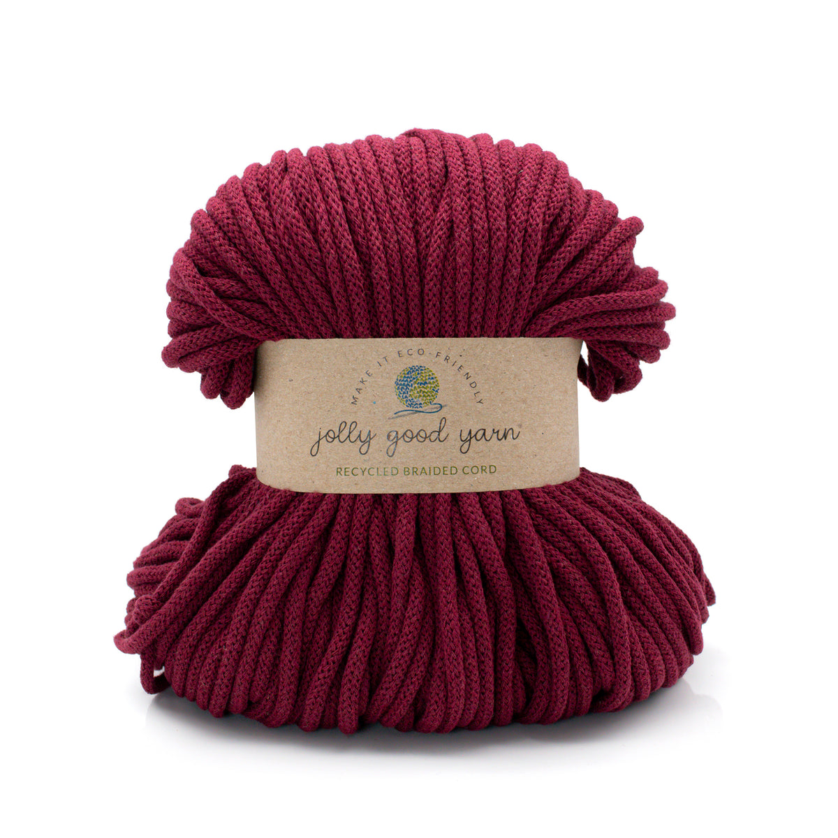 A skein of Jolly Good Yarn recycled braided cord in a deep burgundy red color, wrapped with a natural kraft paper label, on a white background.