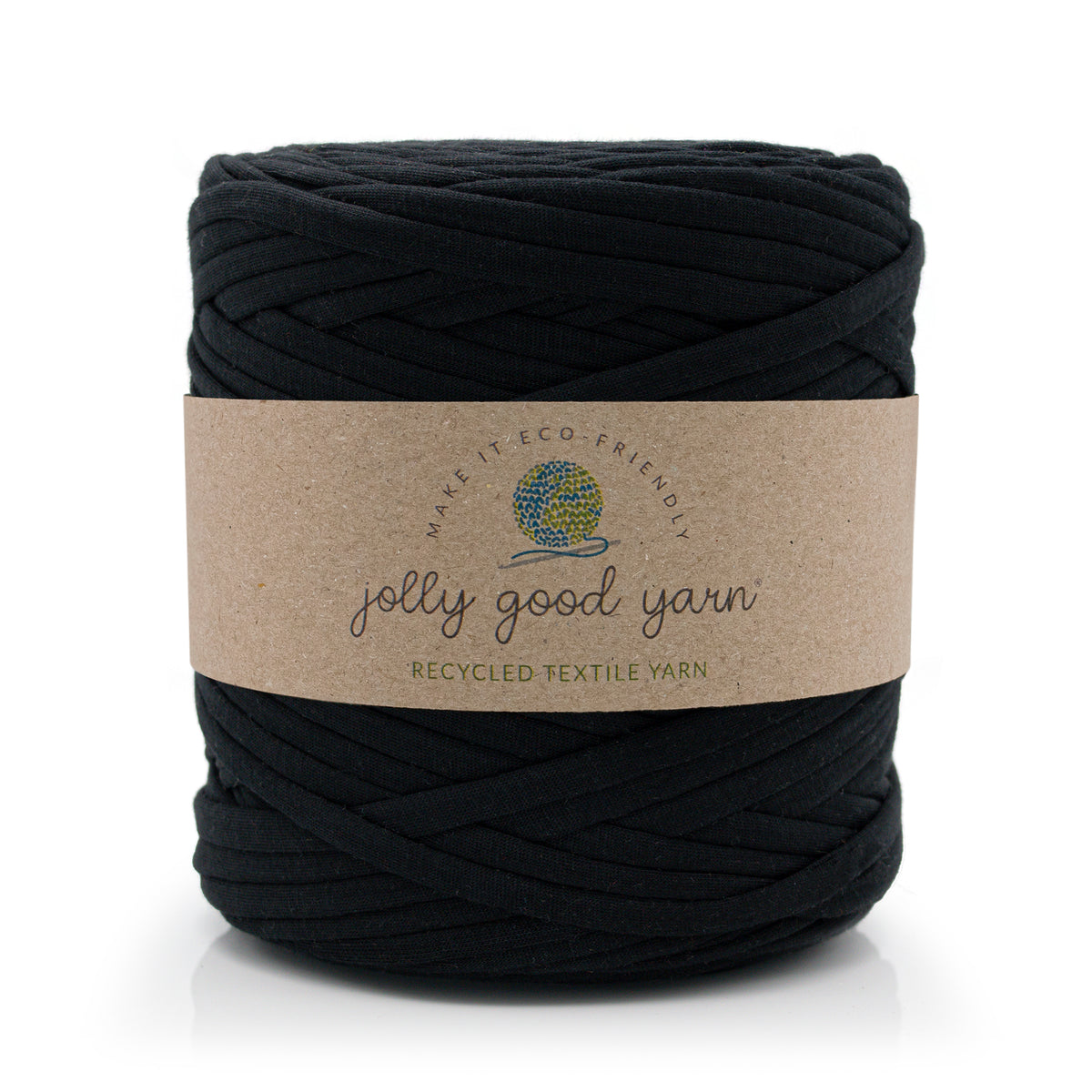 A large skein of black jolly good yarn with a brown kraft paper label, shown on a clean white background.