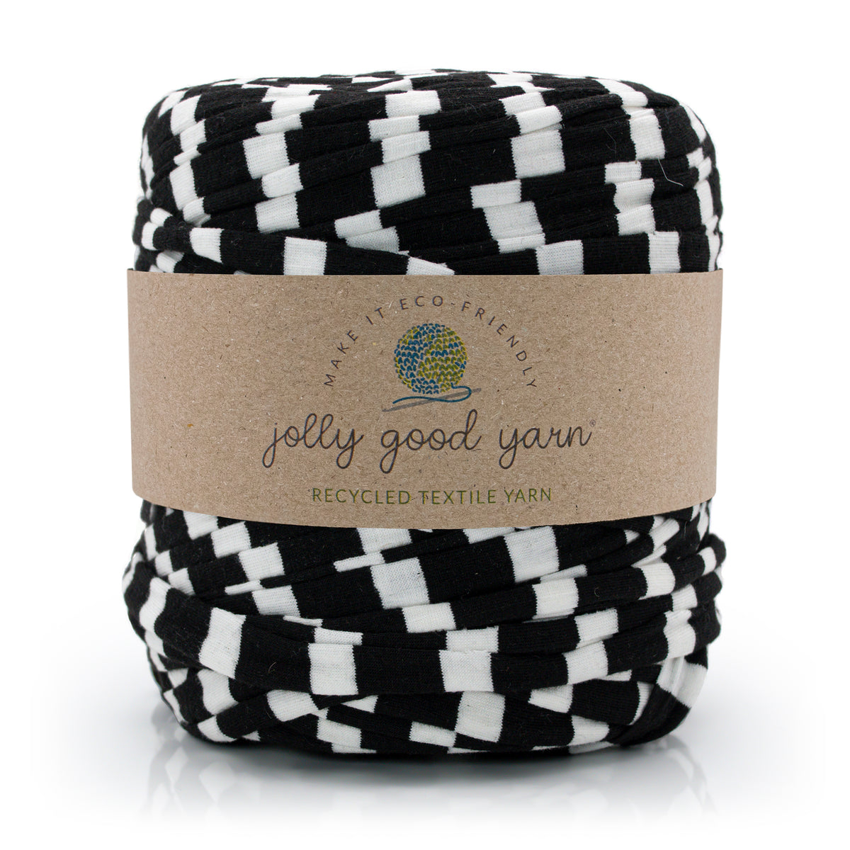 A skein of jolly good yarn made from recycled textile yarn, featuring a black and white checkerboard pattern wrapped in a brown kraft paper label. The brand 'jolly good yarn' is clearly visible on the label.