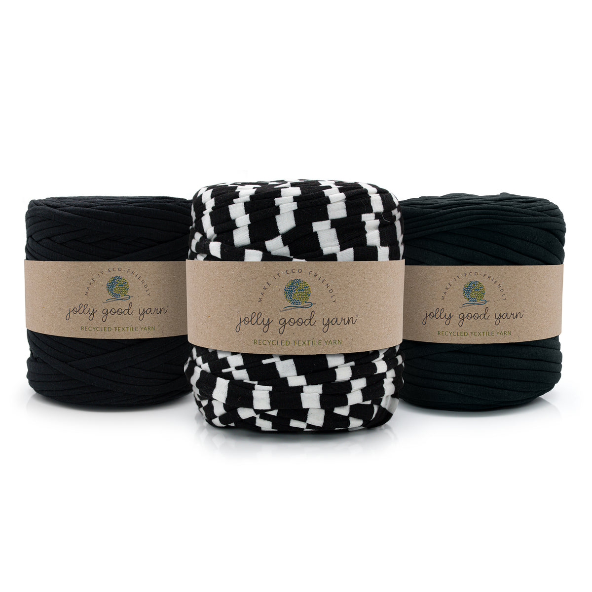 Three skeins of braided yarn from Jolly Good Yarn on a white background: two black, one black and white checkered.
