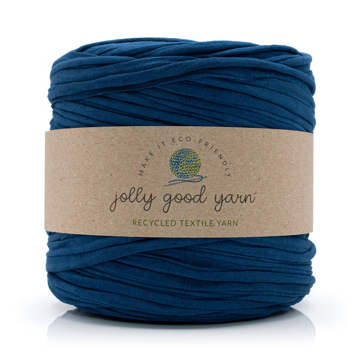 Blue yarn ball with a 'jolly good yarn' label on a white background