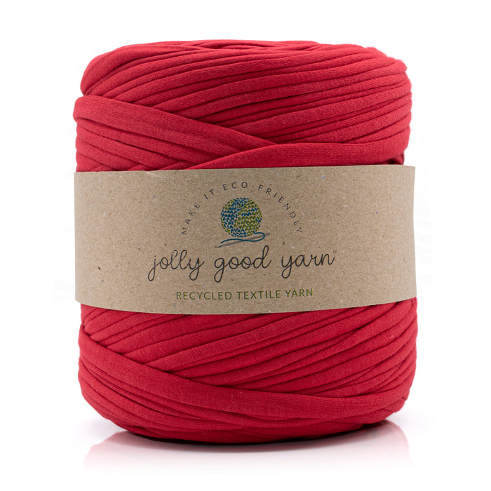 Bright Red skein of recycled textile yarn. 