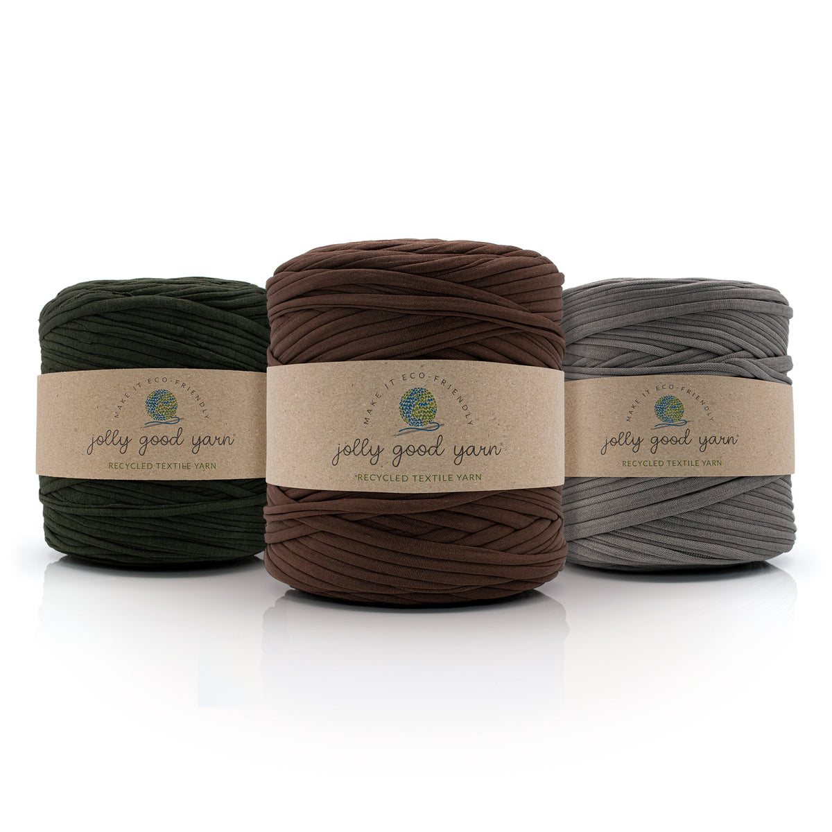 Three skeins of different shades of brown yarn with 'jolly good yarn' labels on a white background.