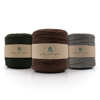 Three skeins of different shades of brown yarn with 'jolly good yarn' labels on a white background.