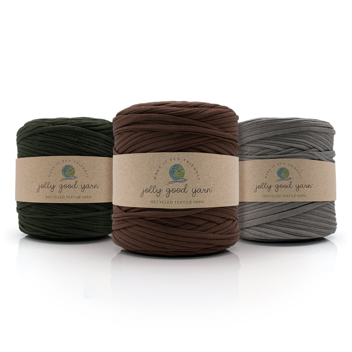 Three skeins of different shades of brown yarn with 'jolly good yarn' labels on a white background.