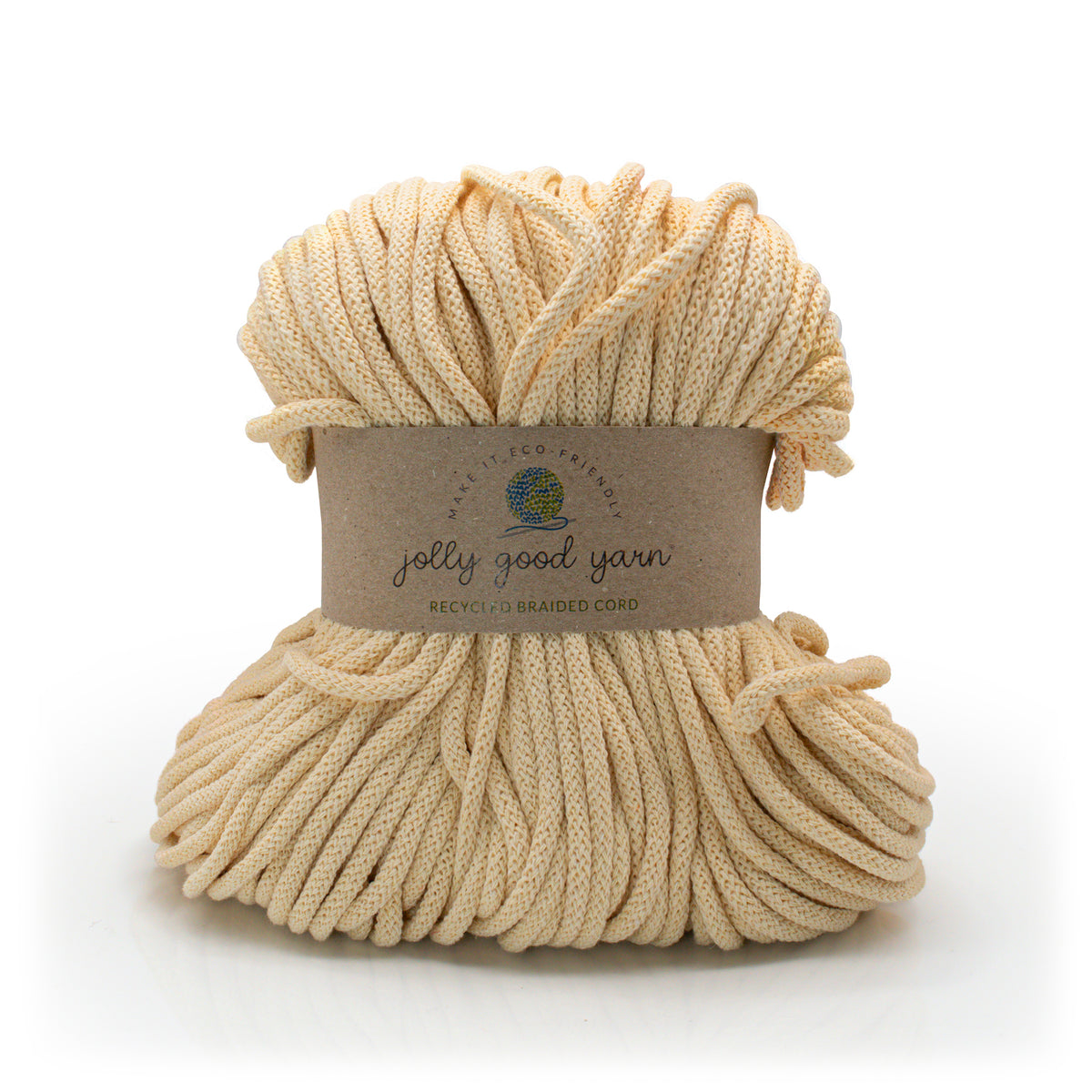 A skein of yellow braided cord yarn wrapped in a brown paper label that reads 'jolly good yarn' and 'recycled braided cord' on a clean white background.