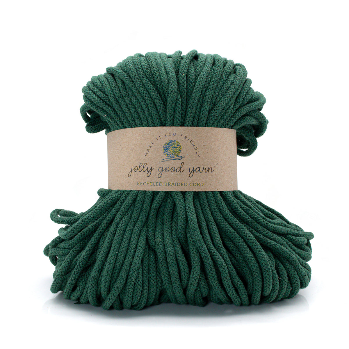 Green yarn ball with a label on a white background