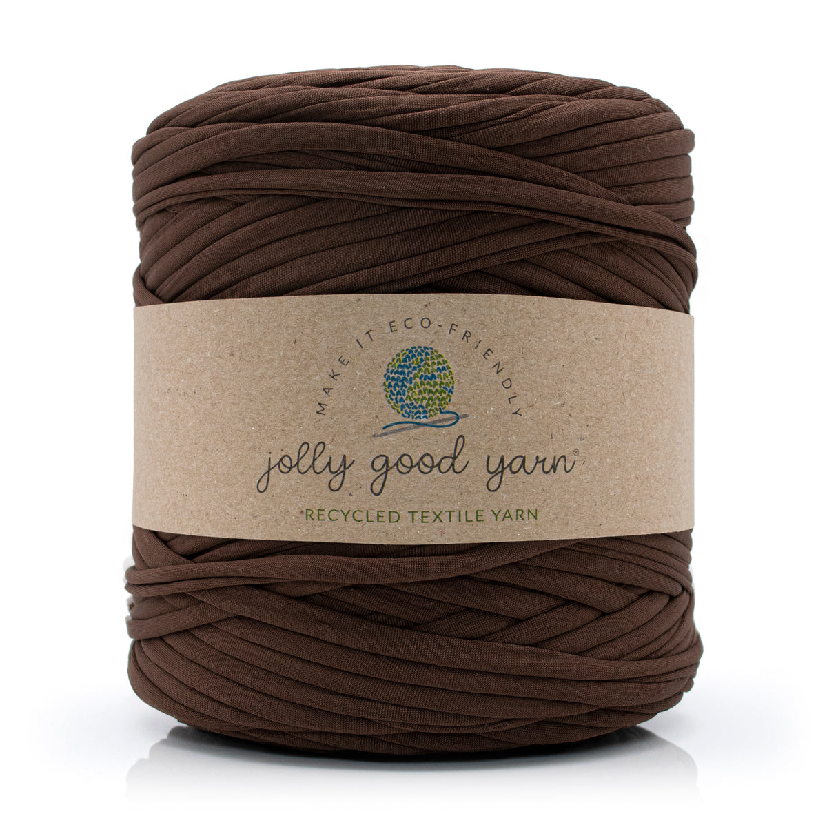 Brown yarn ball with a 'jolly good yarn' label on a white background