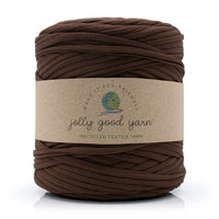 Brown yarn ball with a 'jolly good yarn' label on a white background