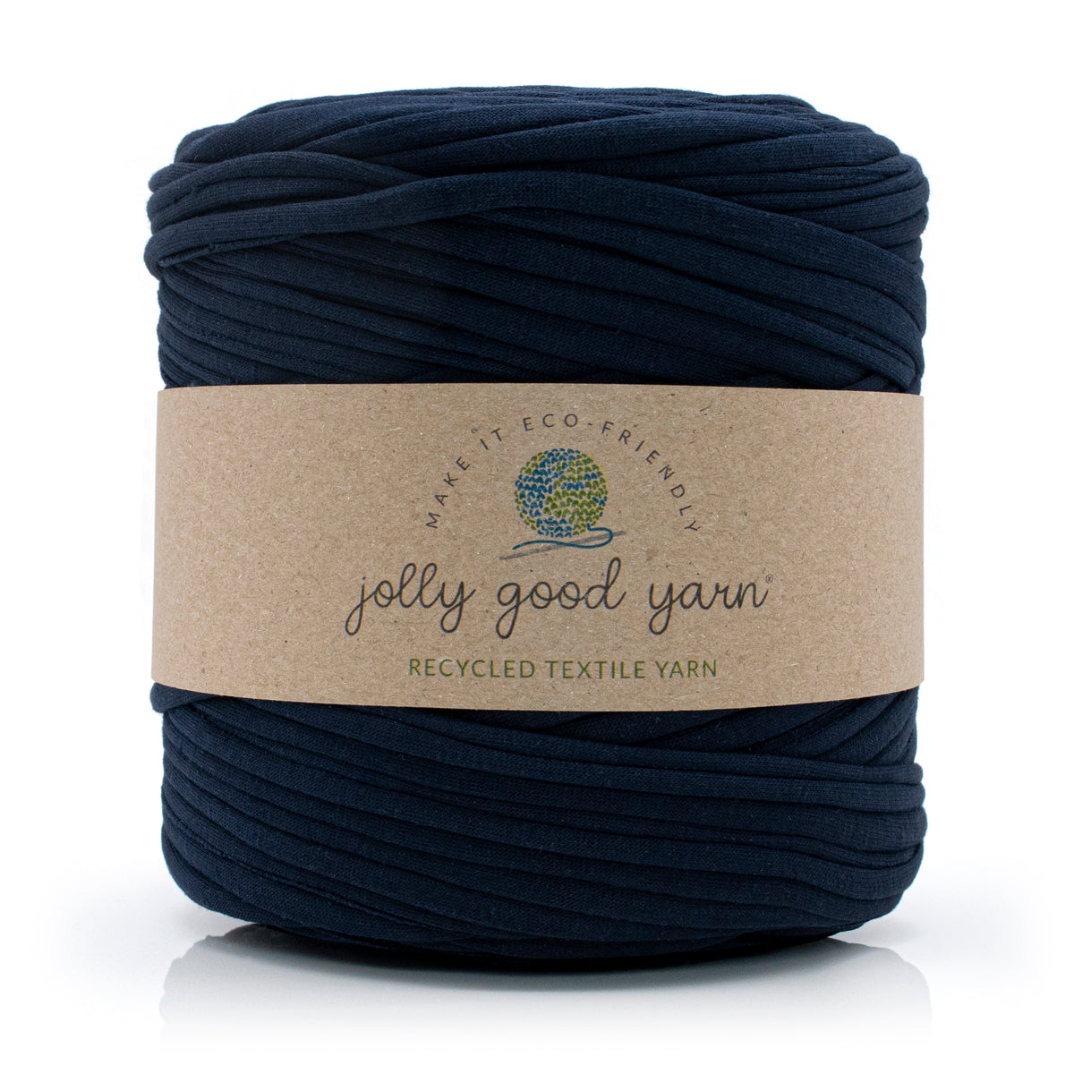 Dark blue yarn ball with a 'jolly good yarn' label on a white background