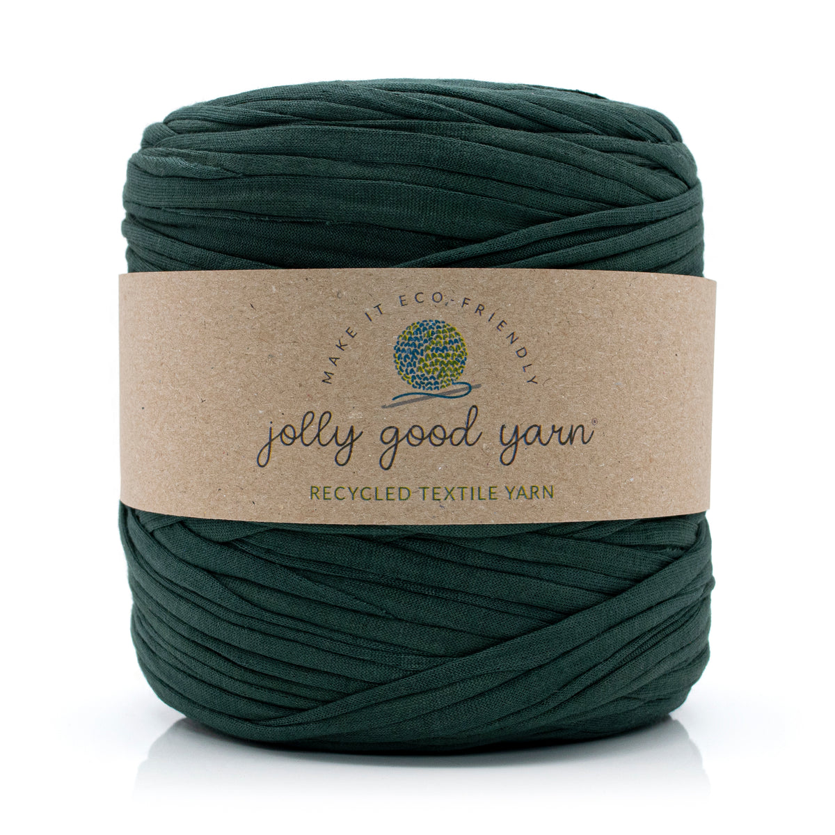 Dark Green skein of yarn with a 'jolly good yarn' label on a white background