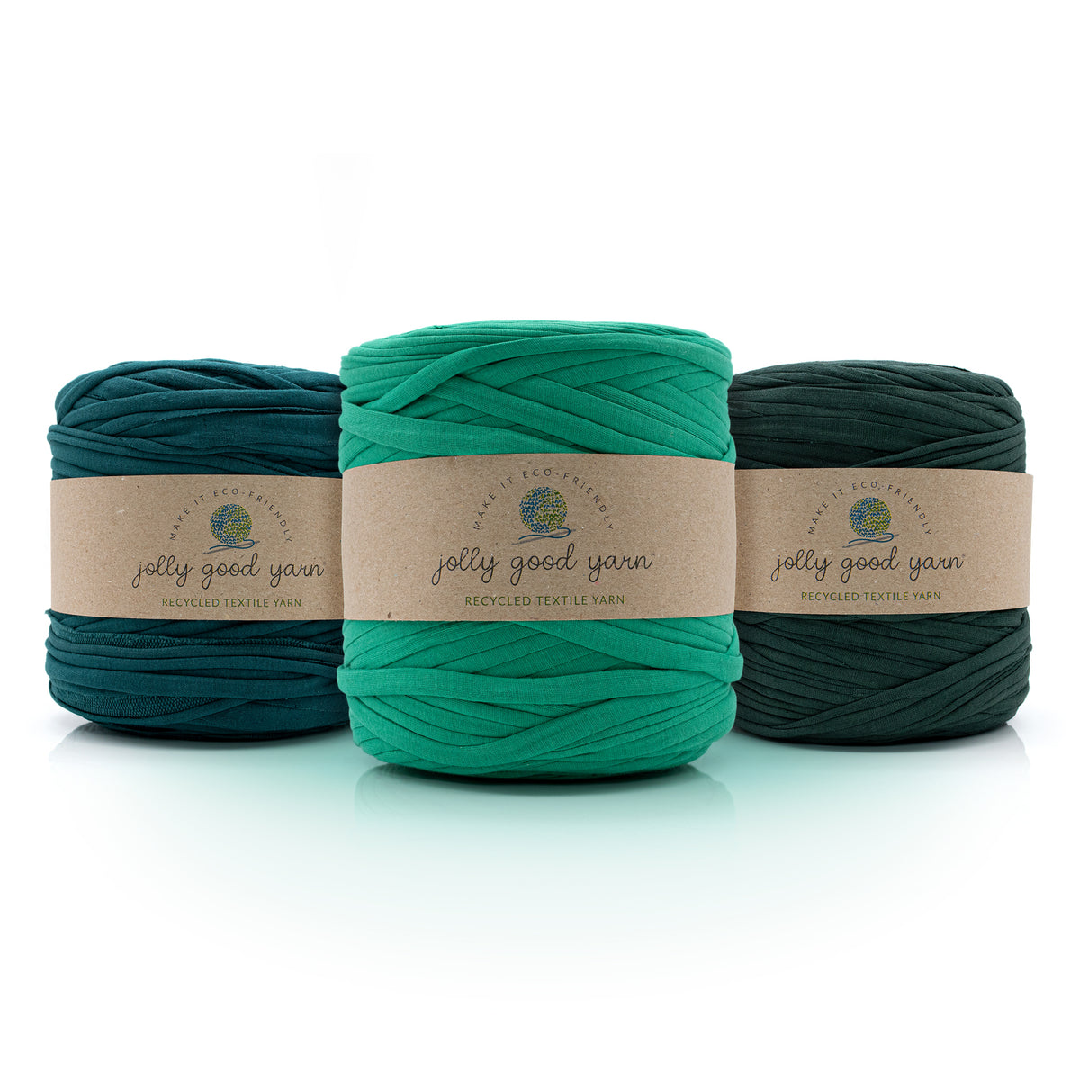Three skeins of dark green T-Shirt yarn with 'jolly good yarn' labels on a white background
