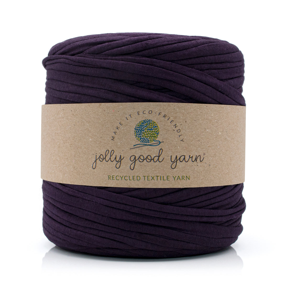 Ball of purple yarn with a 'jolly good yarn' label on a white background