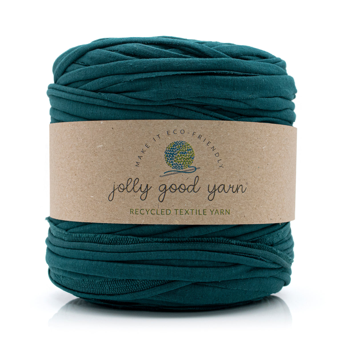 Emerald Green skein of yarn with a 'jolly good yarn' label on a white background