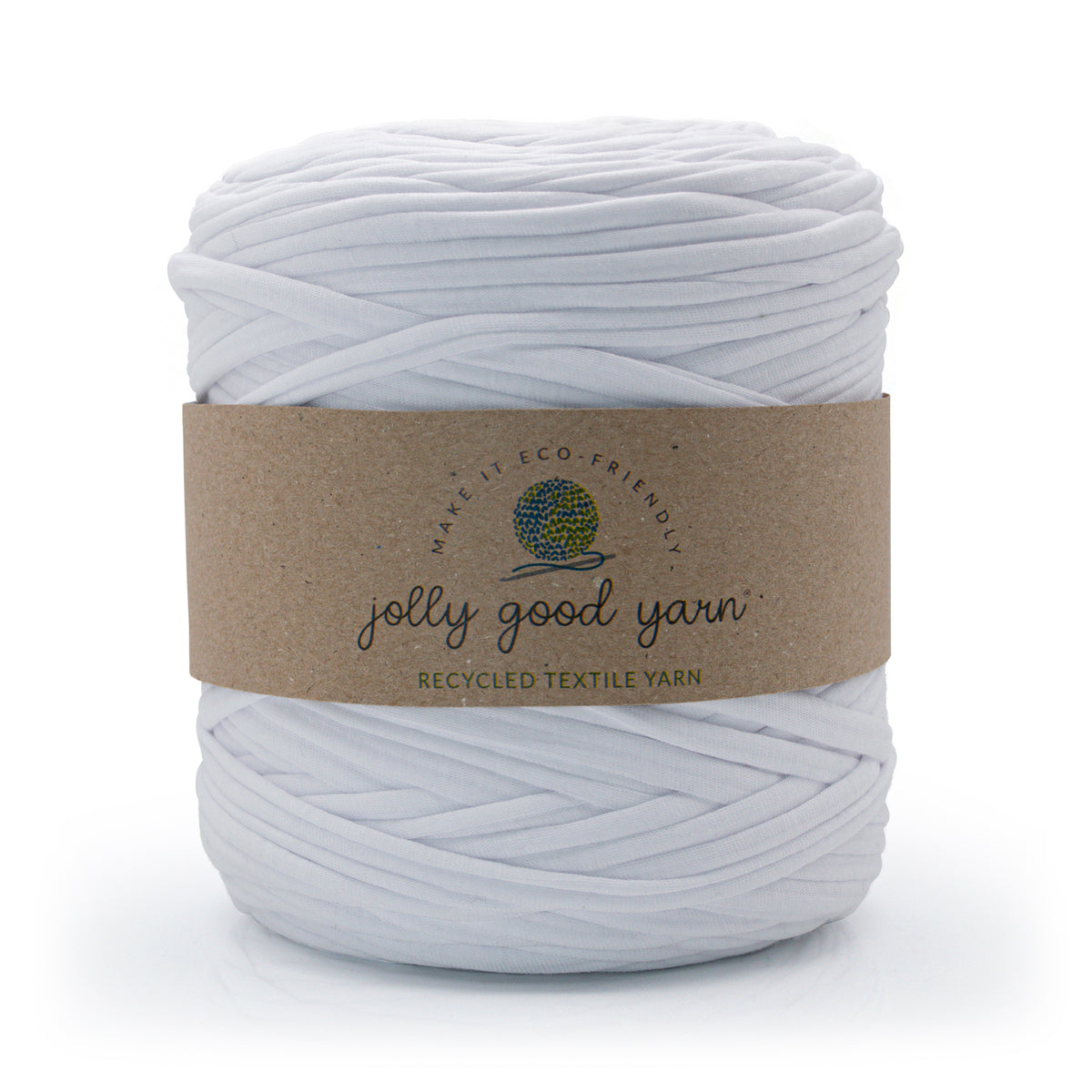 White yarn ball with a Jolly Good Yarn label on a white background