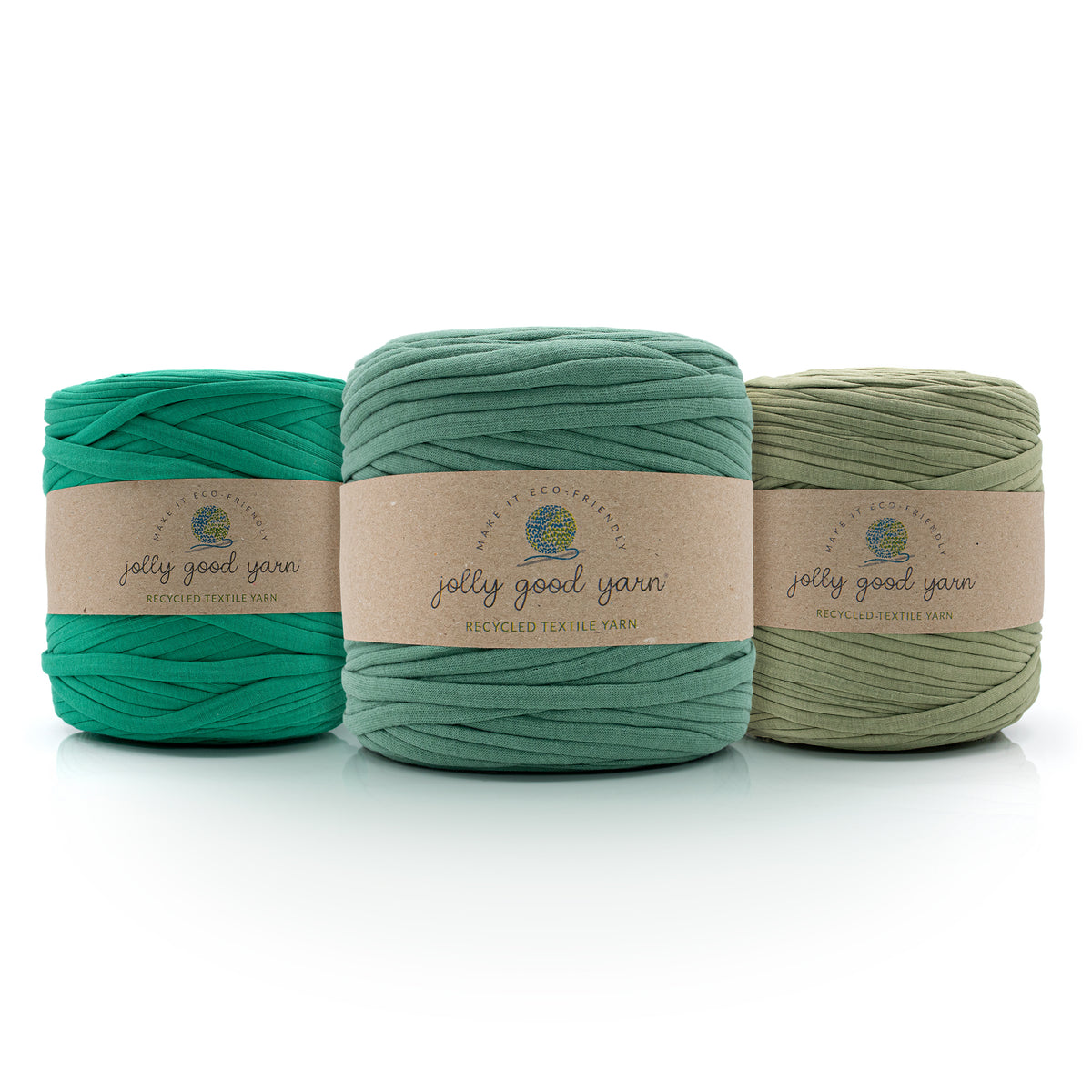Three skeins of light green T-Shirt yarn with 'jolly good yarn' labels on a white background