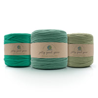 Three skeins of light green T-Shirt yarn with 'jolly good yarn' labels on a white background