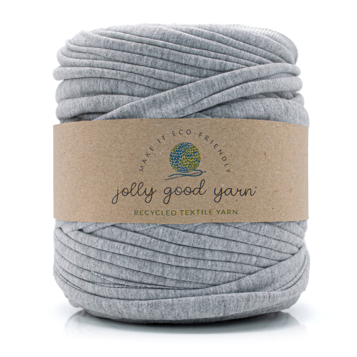 Ball of light grey t-shirt yarn with a 'jolly good yarn' label on a white background