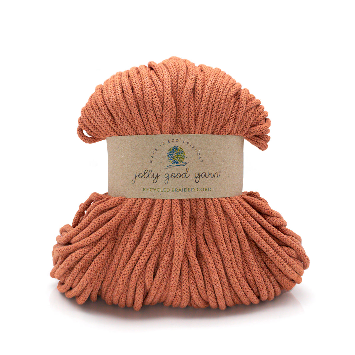 Terracotta coloured 5mm macrame braided cord against a white background. 