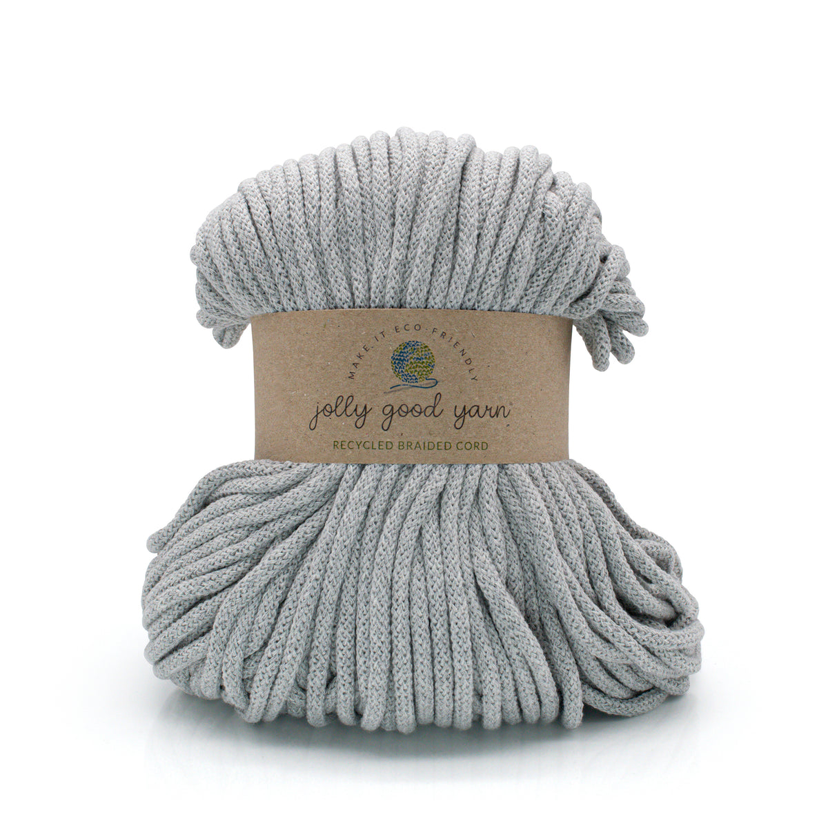 A skein of light gray braided cord with a brown paper label reading 'Jolly Good Yarn' and 'Recycled Bamboo Cord' on a white background.