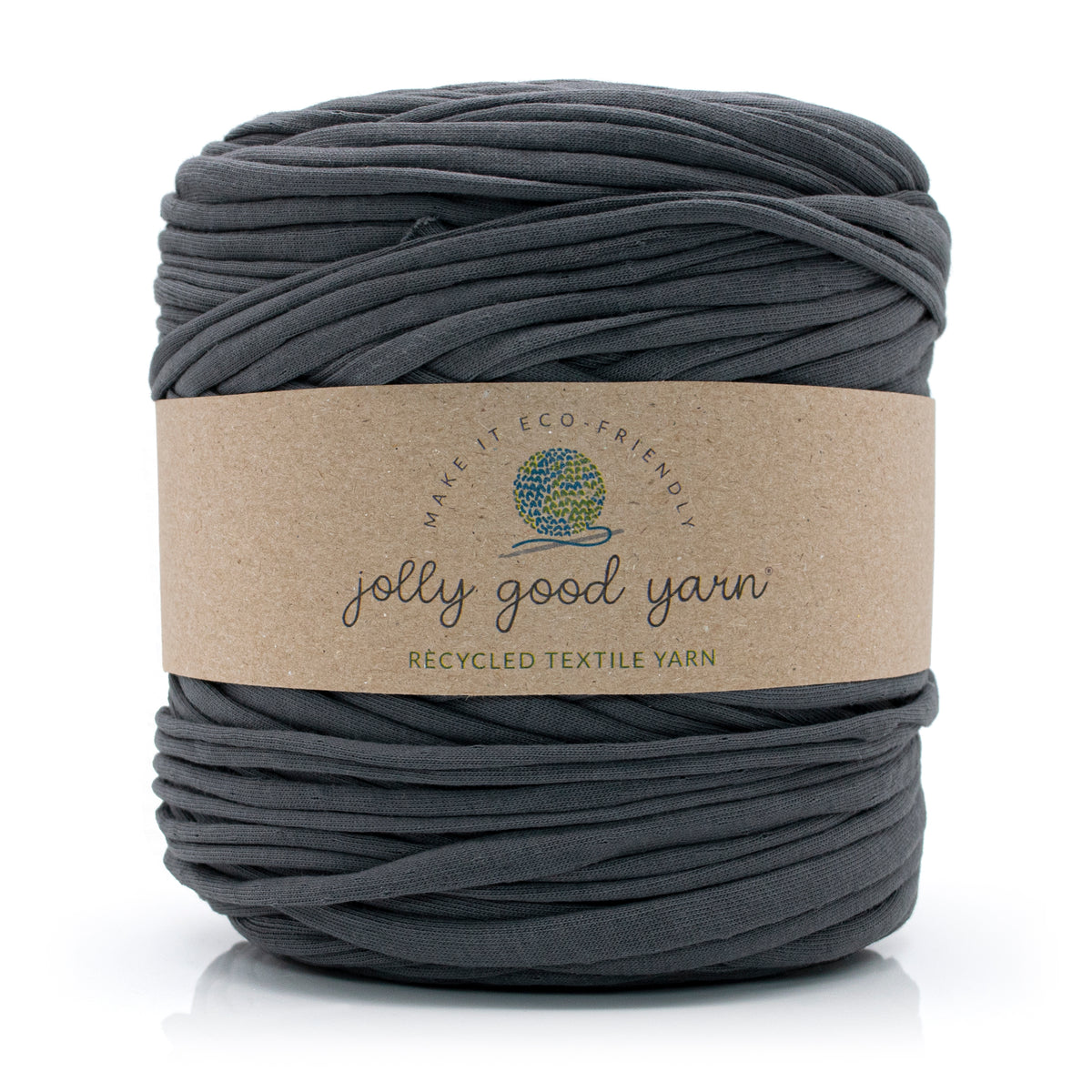 Ball of grey yarn with a 'jolly good yarn' label on a white background