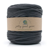 Ball of grey yarn with a 'jolly good yarn' label on a white background