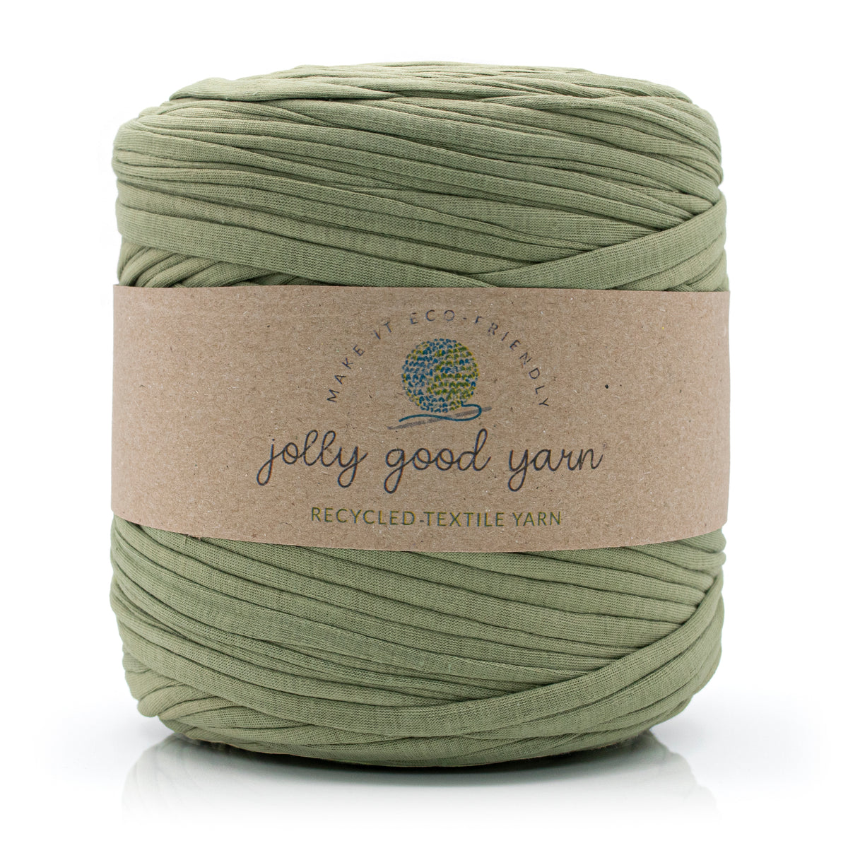 Ball of light green yarn with a 'jolly good yarn' label on a white background