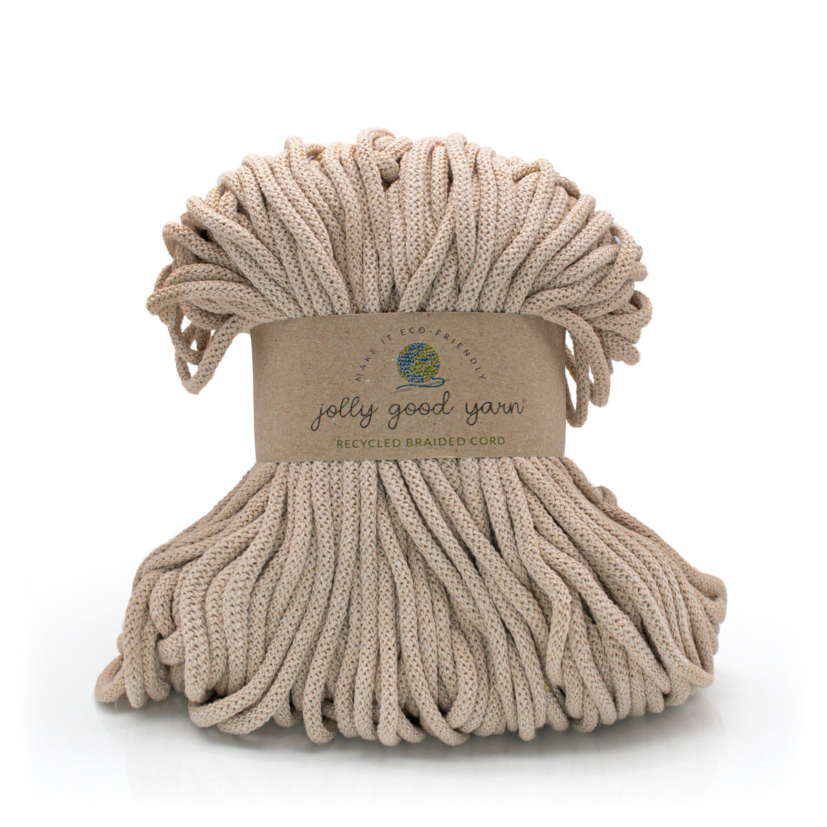 A bundle of beige braided cord wrapped with a brown paper label that reads 'jolly good yarn' and 'recycled braided cord' on a clean white background.