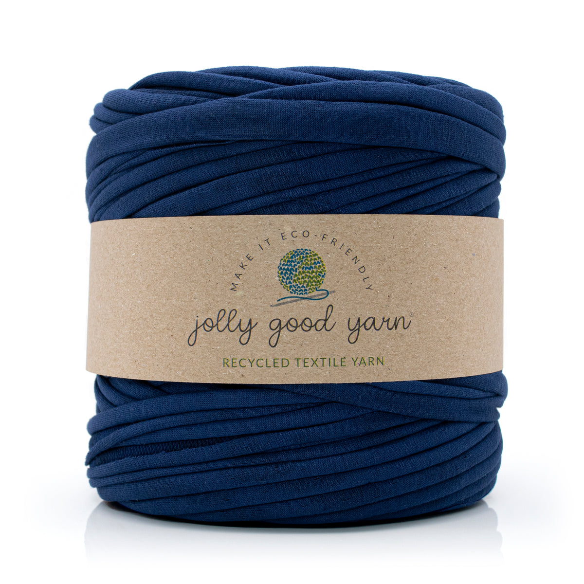 Navy Blue yarn ball with a 'jolly good yarn' label on a white background
