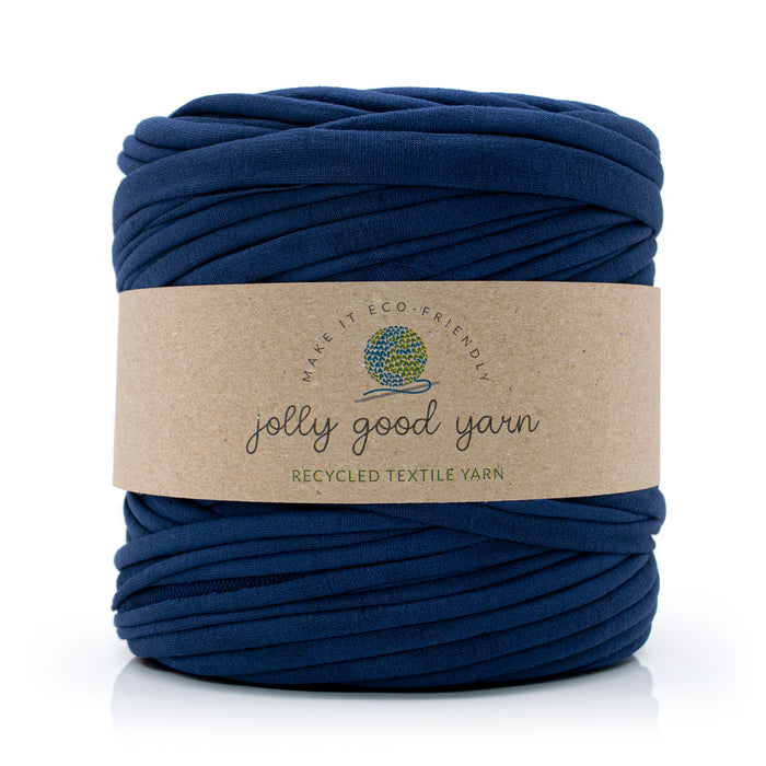 Blue yarn ball with a 'jolly good yarn' label on a white background