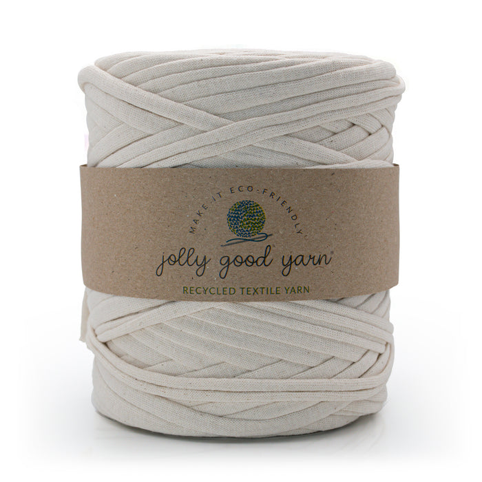 Ball of recycled cream textile yarn with a brown label on a white background.