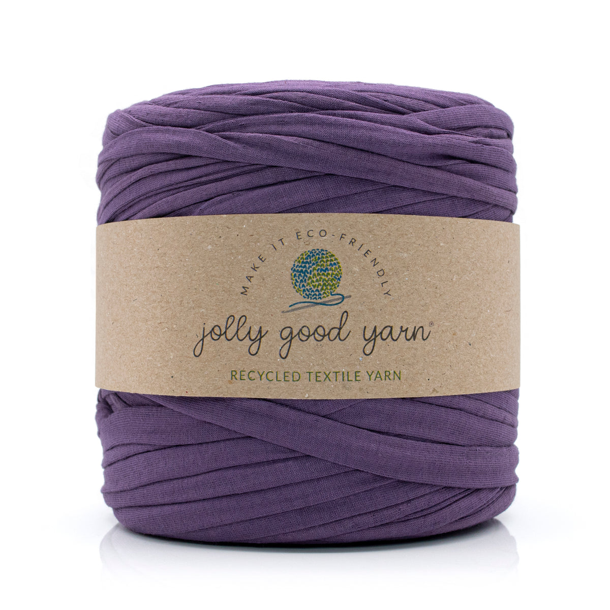 Purple yarn ball with a 'jolly good yarn' label on a white background