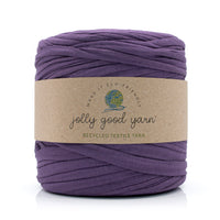 Purple yarn ball with a 'jolly good yarn' label on a white background