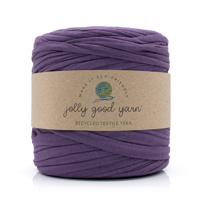 Purple yarn ball with a 'jolly good yarn' label on a white background