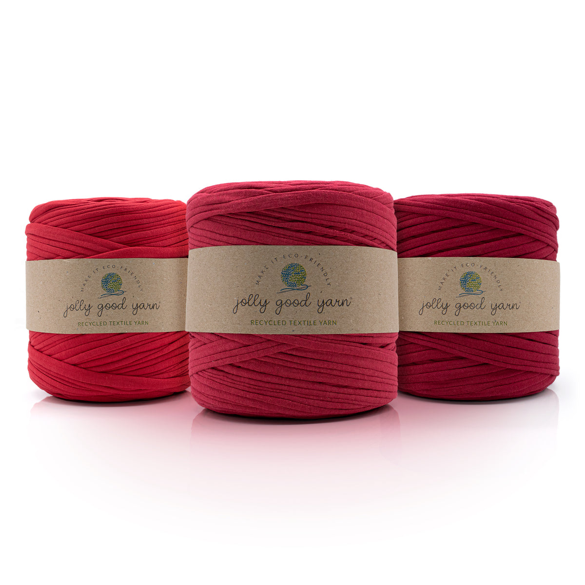 Trio of red t-shirt yarns together on a white background. 