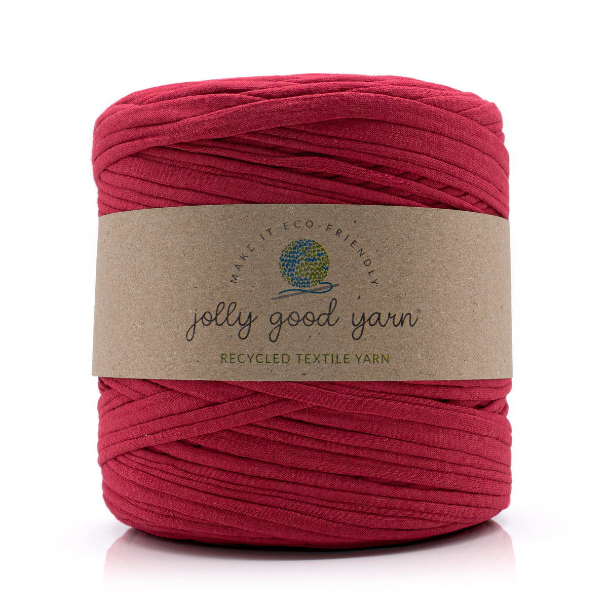 Garnet red recycled yarn with label. 