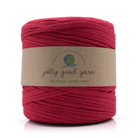 Garnet red recycled yarn with label. 