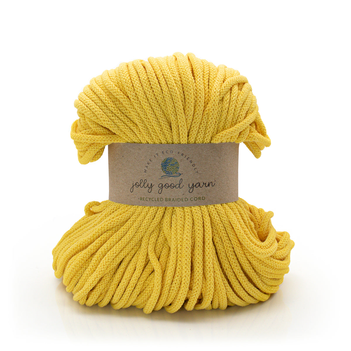 A skein of bright yellow braided cord yarn wrapped with a brown paper label that reads 'jelly good yarn' and 'recycled braided cord', photographed on a clean white background.