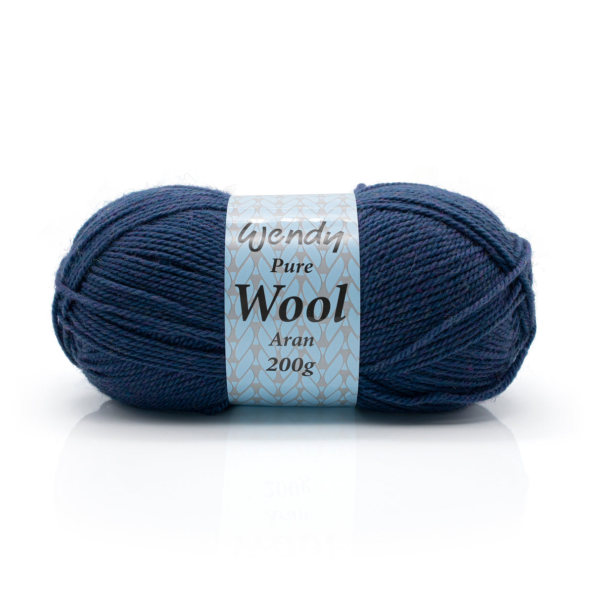 Blue skein of yarn with a label on a white background