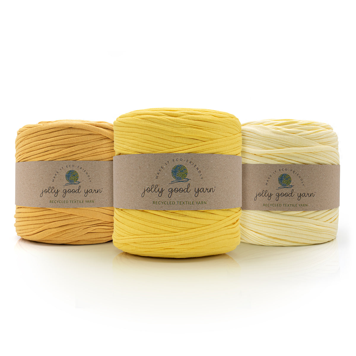 Three balls of different shades of yellow T-Shirt yarn with 'jolly good yarn' labels on a white background