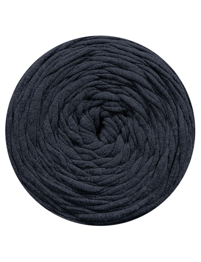 Large ball of dark blue yarn on a white background