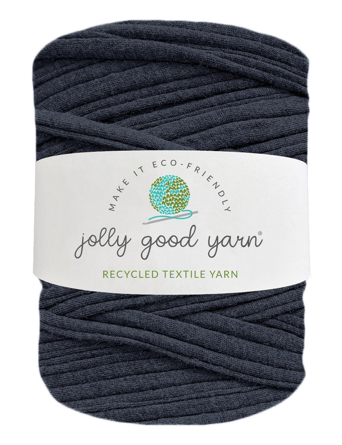 Ball of dark blue yarn with a 'jolly good yarn' label on a white background