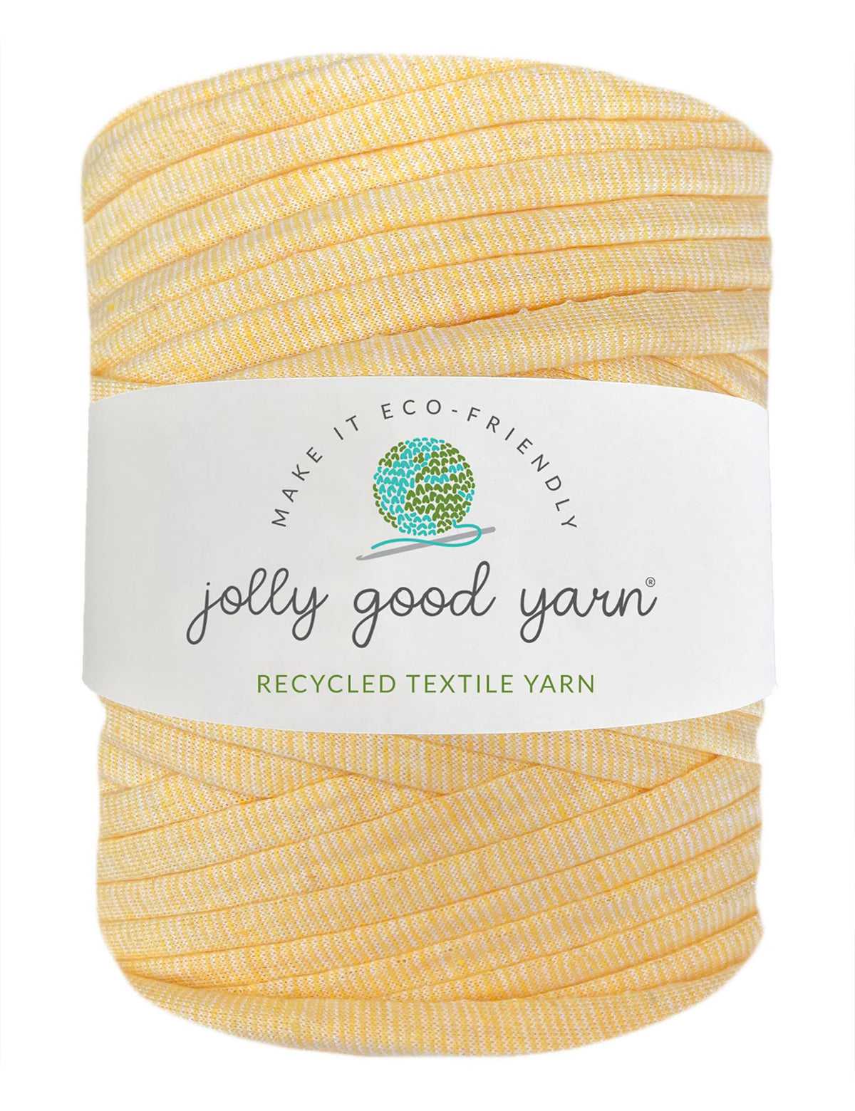 Yellow yarn skein with 'jolly good yarn' label on a white background