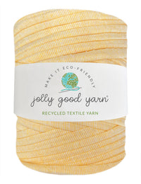 Yellow yarn skein with 'jolly good yarn' label on a white background