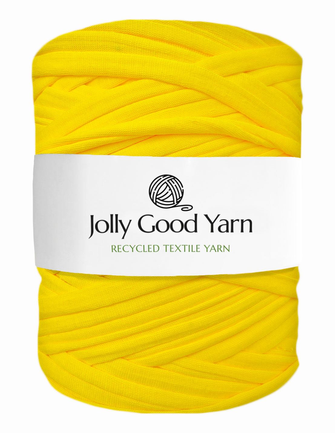 Yellow yarn ball with 'Jolly Good Yarn' label on a white background