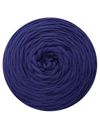 Coiled navy blue yarn on a white background